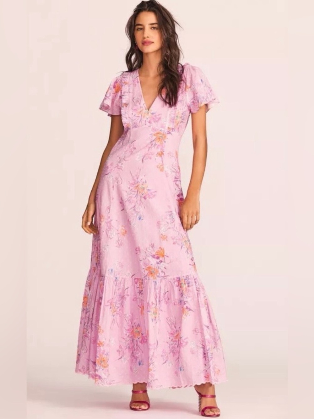 NWT LoveShackFancy Vinnie Maxi Dress in Royal Pink Berry features ruffled flutte